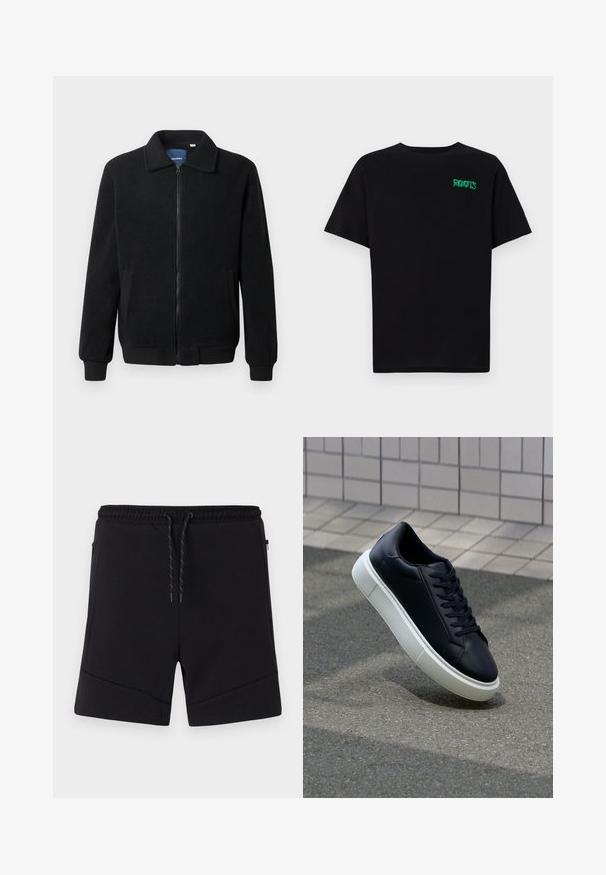 Čierna flísová bunda s uzáverom na zips, stojatým golierom, rebrovanými manžetami a bočnými vreckami s textúrovaným povrchom.; Čierne tričko s krátkymi rukávmi vyrobené z bavlny. Na prednej strane má zelené logo "ROOTS", okrúhly výstrih a štandardný strih.; Čierne športové šortky vyrobené z mäkkej tkaniny, s elastickým pásom, šnúrkou na sťahovanie a bočnými zipsovými vreckami s vystuženými švami.; Čierne kožené tenisky s okrúhlou špičkou a bielou gumovou podrážkou. Majú ploché šnúrky a minimálne šitie na vrchu. Textúrovaná podrážka pre lepšiu priľnavosť.
