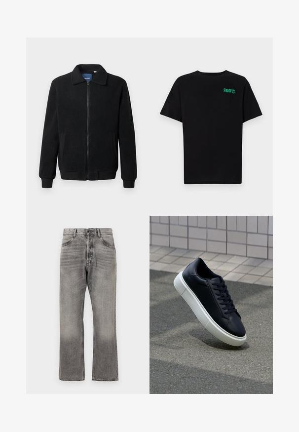Casaco de polar preto com fecho de correr, gola alta, punhos canelados e bolsos laterais com uma superfície texturizada.; T-shirt preta feita de algodão com mangas curtas. Apresenta um logótipo verde "ROOTS" na frente, gola redonda e corte standard.; Jeans de denim cinza com um acabamento ligeiramente desbotado, design de perna reta, estilo de cinco bolsos padrão e um fecho clássico com zipper.; Sapatilha de couro preto com bico arredondado e sola de borracha branca. Apresenta atacadores planos e costuras mínimas na parte superior. Sola texturizada para melhor aderência.