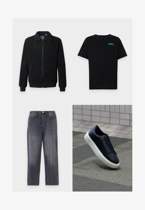 Sort fleecejakke med lynlås, opretstående krave, ribbede manchetter og sidelommer med en tekstureret overflade.; Sort t-shirt lavet af bomuld med korte ærmer. Har et grønt "ROOTS" logo på forsiden, rund halsudskæring og almindelig pasform.; Mørkegrå denimjeans med lige ben, fem lommer og metalbeslag. Stoffet har en subtil tekstur og falmede accenter.; Sort lædersneaker med rund tå og hvid gummisål. Har flade snørebånd og minimal syning på overdelen. Tekstureret sål for bedre greb.