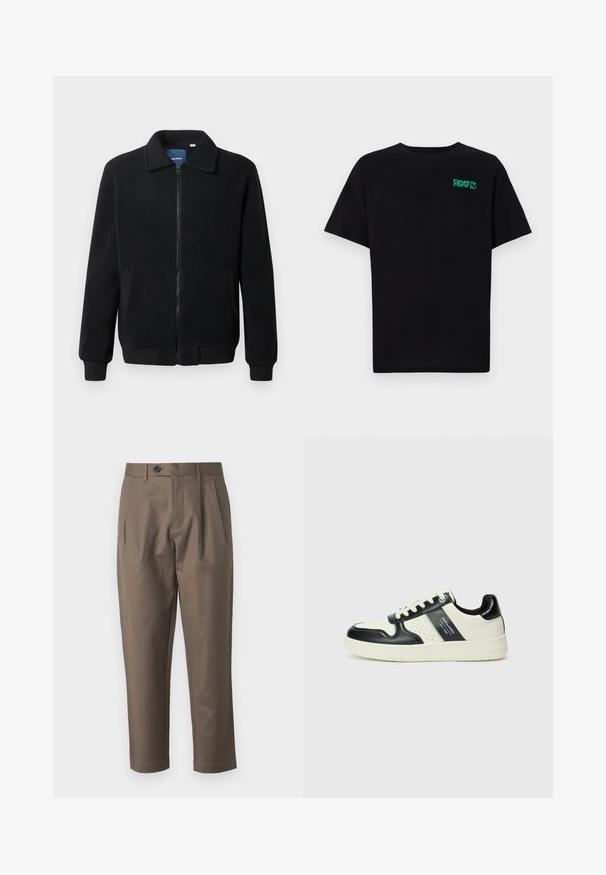 Veste en polaire noire avec fermeture éclair, col montant, poignets côtelés et poches latérales avec une surface texturée.; T-shirt noir en coton à manches courtes. Présente un logo "ROOTS" vert sur le devant, un col rond et une coupe standard.; Pantalons marron ajustés avec une taille plate, deux poches latérales et une fermeture à bouton. Tissu lisse et léger avec une coupe droite.; Baskets en cuir avec un schéma de couleurs noir et crème, dotées d'accents perforés, d'un col rembourré et d'une semelle texturée.