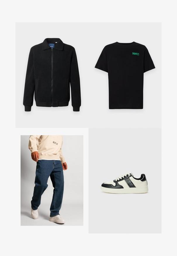 Juodas fliso džemperis su užtrauktuku, stovinčia apykakle, gumuotais rankogaliais ir šoninėmis kišenėmis, turinčiomis tekstūruotą paviršių.; Juodas medvilninis marškinėliai trumpomis rankovėmis. Priekyje yra žalias „ROOTS“ logotipas, apvalus iškirpimas ir standartinė prigludimo forma.; Mėlynos džinsinės kelnės laisvu kirpimu, su įprasta užtrauktuku ir kontrastingomis siūlėmis, derinamos su kreminės baltumo sportiniais bateliais ir šviesiai smėlio spalvos džemperiu.; Odiniai sportbačiai juodos ir kreminės spalvų schemoje, su perforuotais akcentais, paminkštinta apykakle ir tekstūruotu padu.