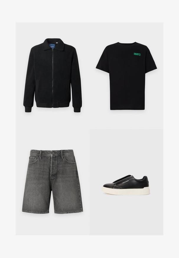 Black fleece jacket featuring a zip closure, stand collar, ribbed cuffs, and side pockets with a textured surface.; Black t-shirt made of cotton with short sleeves. Features a green "ROOTS" logo on the front, round neckline, and standard fit.; Dark gray denim shorts with a classic five-pocket design, button and zip closure, straight cut, and slight fading texture throughout.; Black slip-on sneaker with textured leather upper, white rubber sole, and no visible laces. Features brand logo on the side.