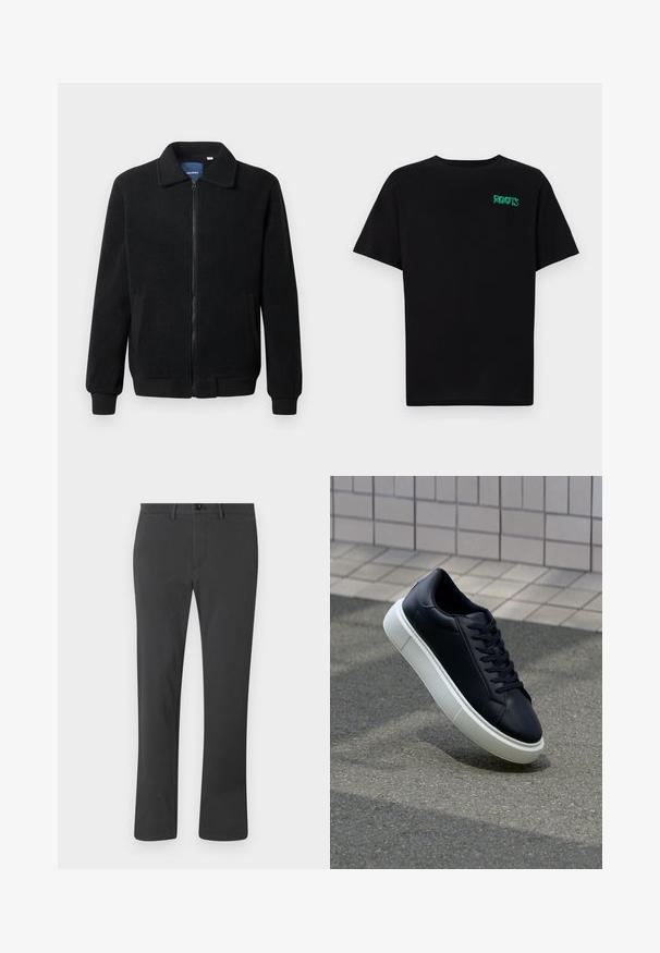 Chaqueta de forro polar negra con cierre de cremallera, cuello alzado, puños acanalados y bolsillos laterales con una superficie texturizada.; Camiseta negra de algodón con mangas cortas. Presenta un logo verde "ROOTS" en el frente, escote redondo y corte estándar.; Pantalones negros hechos de tela suave, con un diseño de pierna recta, cremallera en la bragueta, cierre de botón y trabillas para el cinturón. Estilo básico y funcional.; Zapatilla de cuero negro con punta redonda y suela de goma blanca. Presenta cordones planos y un mínimo de costuras en la parte superior. Suela texturizada para proporcionar agarre.