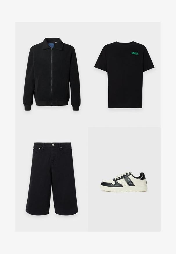 Jachetă din fleece neagră, cu închidere prin fermoar, guler înalt, manșete ribbate și buzunare laterale cu o suprafață texturată.; Tricou negru din bumbac, cu mâneci scurte. Prezintă un logo verde "ROOTS" pe față, guler rotund și o potrivire standard.; Șorturi din denim negru cu croială dreaptă, cu un nasture în față, două buzunare laterale și o textură netedă. Fără modele sau accente vizibile.; Tenisi din piele cu un scheme de culori negru și crem, dotati cu accente perforate, guler căptușit și o talpă texturată.