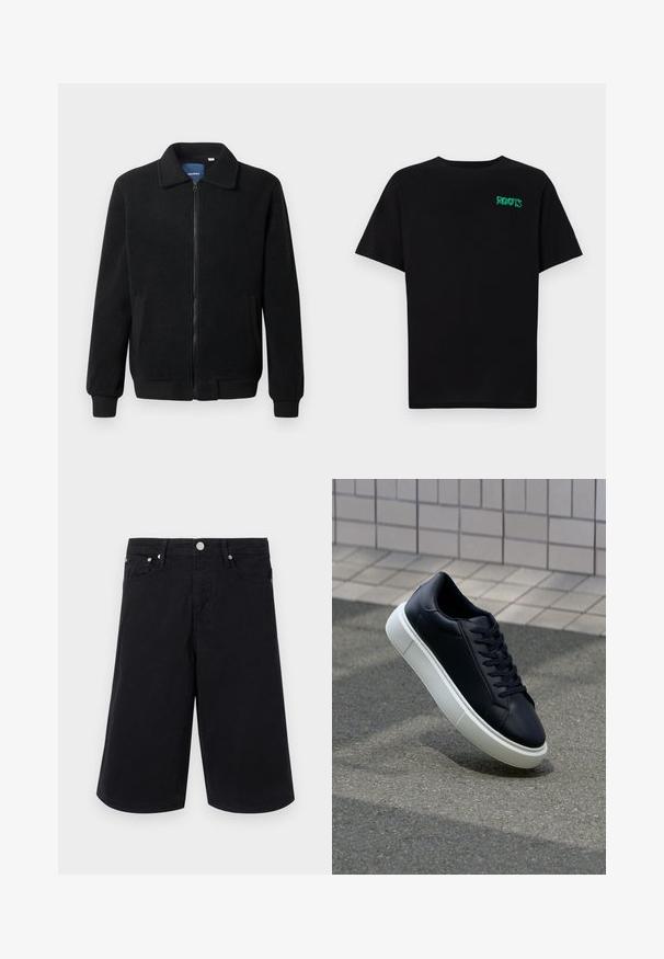 Schwarze Fleecejacke mit Reißverschluss, Stehkragen, gerippten Bündchen und seitlichen Taschen mit strukturiertem Oberflächenmaterial.; Schwarzes T-Shirt aus Baumwolle mit kurzen Ärmeln. Auf der Vorderseite befindet sich ein grünes "ROOTS"-Logo, es hat einen runden Halsauschnitt und eine normale Passform.; Schwarze Jeansshorts mit geradem Schnitt, ausgestattet mit einem Frontknopf, zwei Seitentaschen und einer glatten Textur. Keine sichtbaren Muster oder Akzente.; Schwarze Leder-Sneaker mit runder Zehenpartie und weißer Gummisohle. Verfügt über flache Schnürsenkel und minimale Nähte im Obermaterial. Strukturiertes Sohlenprofil für besseren Halt.