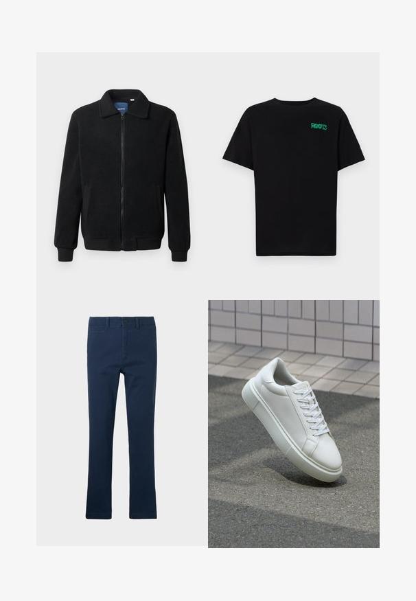 Juodas fliso džemperis su užtrauktuku, stovinčia apykakle, gumuotais rankogaliais ir šoninėmis kišenėmis, turinčiomis tekstūruotą paviršių.; Juodas medvilninis marškinėliai trumpomis rankovėmis. Priekyje yra žalias „ROOTS“ logotipas, apvalus iškirpimas ir standartinė prigludimo forma.; Tamsiai mėlynos medvilnės kelnes su tiesiomis kojomis, turinčios priekinės kišenės, užtrauktuką ir vieną mygtuką.; Balti odiniai sportbačiai su lygiu paviršiumi, apvalia nosimi ir plokščiomis baltomis raištelėmis. Yra tekstūruotas gumos padas ir minimalizmas dizaino elementuose.