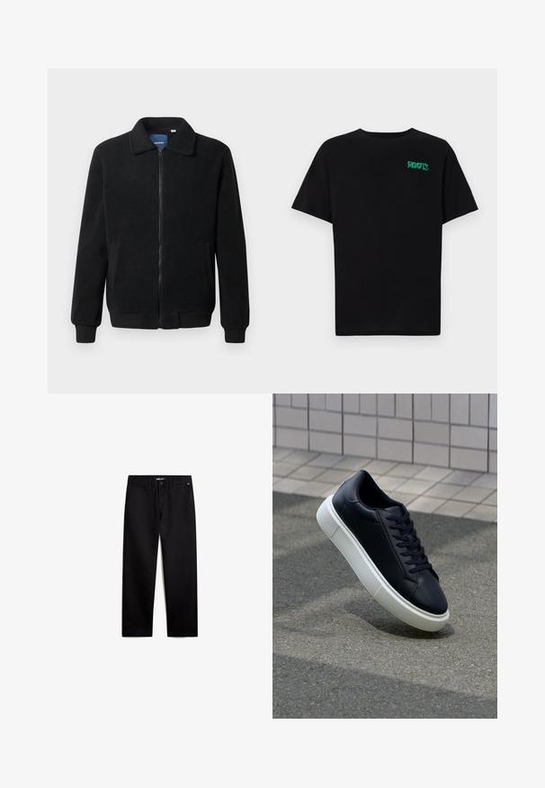 Musta fleece-takki, jossa on vetoketjulla suljettavat, pystykaulus, ribbireunat ja sivutaskut, joissa on teksturoitu pinta.; Mustat t-paidat, jotka on valmistettu puuvillasta ja joissa on lyhyet hihat. Edessä vihreä "ROOTS"-logo, pyöreä kaula-aukko ja normaali istuvuus.; Mustat puuvillahousut, joissa on suora malli, vetskari ja etutaskut. Tasainen pinta, ilman näkyviä kuvioita ja minimaalista metallipintaa.; Mustat nahkakengät, joissa on pyöristetty kärki ja valkoinen kumipohja. Varusteena litteät nauhat ja minimaalinen ommel ylhäällä. Teksturoitu pohja pitävyyden lisäämiseksi.