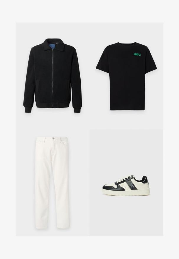 Musternahk fleece-jakk musternahaga, tõmblukk, seisev kaelus, soonikkoes varrukad ja küljetaskud tekstuurse pinnaga.; Must t-särk, mis on valmistatud puuvillast, lühikeste varrukatega. Esipaneelil on roheline "ROOTS" logo, ümmargune kaelus ja tavapärane lõige.; Valged denimidest teksad sirge lõikega, viie tasku kujundusega, luku ja nööbi sulgemisega ning peene tekstuuriga. Omab vööauke ja kontrastset õmblust.; Nahatud nahkkingad musta ja kreemi värviskeemiga, millel on perforeeritud aktsendid, pehme krae ja tekstureeritud tallad.