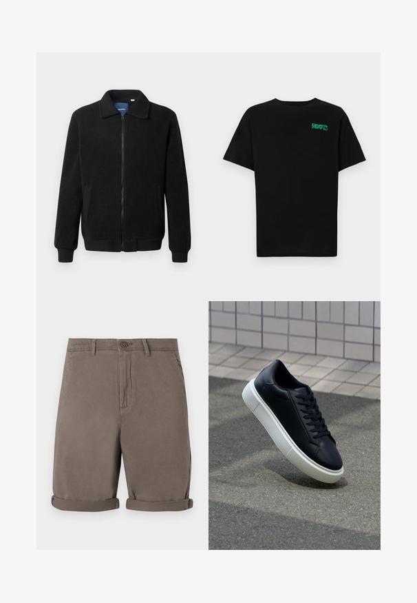 Svart fleece jakke med glidelås, høy krage, ribbestrikkede mansjetter og sidelommer med strukturert overflate.; svart t-skjorte laget av bomull med korte ermer. Har et grønt "ROOTS"-logo på forsiden, rund halsutringning og standard passform.; Brune bomullsshorts med rett snitt, med knappelukking og rullet kant. Glatt tekstur, uten synlige mønstre eller detaljer.; Sorte skinnsneakers med rund tå og hvit gummisåle. Har flate lisser og minimal søm på overdelen. Strukturert såle for grep.
