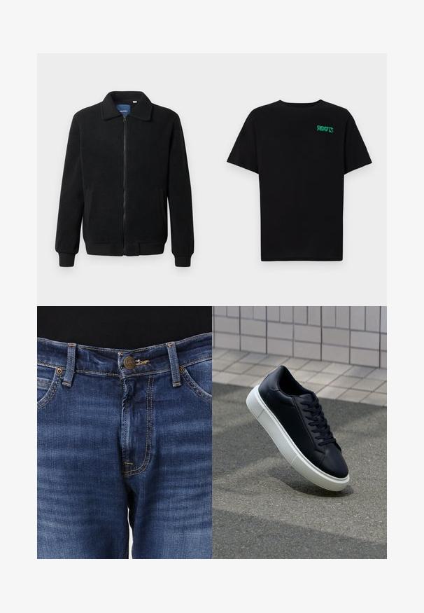 Crni flis jakna s zatvaranjem na zip, stojećim ovratnikom, rebrastim manžetama i bočnim džepovima s teksturiranom površinom.; Crna majica kratkih rukava od pamuka. Na prednjem dijelu se nalazi zeleni "ROOTS" logo, okrugli izrez i standardni kroj.; Plave traperice ravnog kroja. Imaju kopčanje na gumbe, kontrastne šavove i dizajn s pet džepova. Ime branda "Lee" vidljivo je na dugmetu.; Crne kožne tenisice s zaobljenim vrhom i bijelim gumiranim potplatom. Imaju ravne vezice i minimalno šivanje na gornjem dijelu. Teksturirani potplat za bolje prianjanje.