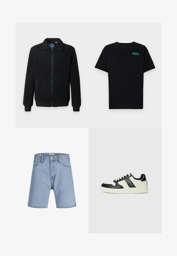 Čierna flísová bunda s uzáverom na zips, stojatým golierom, rebrovanými manžetami a bočnými vreckami s textúrovaným povrchom.; Čierne tričko s krátkymi rukávmi vyrobené z bavlny. Na prednej strane má zelené logo "ROOTS", okrúhly výstrih a štandardný strih.; Jack & Jones ITONY ORIGINAL - Denimové šortky - blue denim; Kožené tenisky v čierno-krémovej farbe, s perforovanými akcentmi, polstrovaným golierom a štruktúrovanou podrážkou.