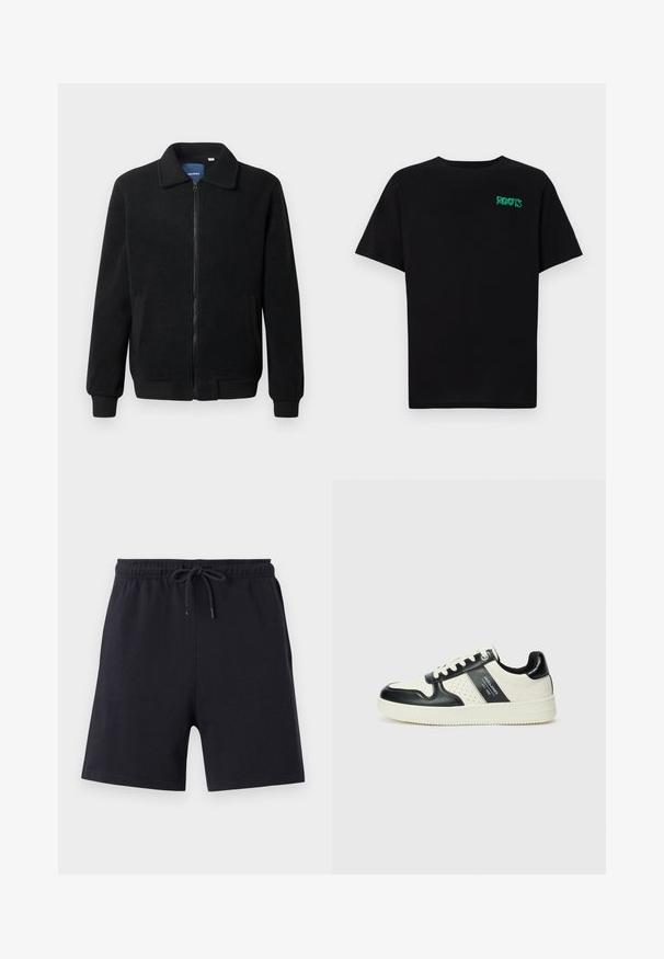 Musternahk fleece-jakk musternahaga, tõmblukk, seisev kaelus, soonikkoes varrukad ja küljetaskud tekstuurse pinnaga.; Must t-särk, mis on valmistatud puuvillast, lühikeste varrukatega. Esipaneelil on roheline "ROOTS" logo, ümmargune kaelus ja tavapärane lõige.; Mustad puuvillased šortid elastse vöökoha ja sisemise nööriga, millel on lihtne kujundus ja sile tekstuur.; Nahatud nahkkingad musta ja kreemi värviskeemiga, millel on perforeeritud aktsendid, pehme krae ja tekstureeritud tallad.