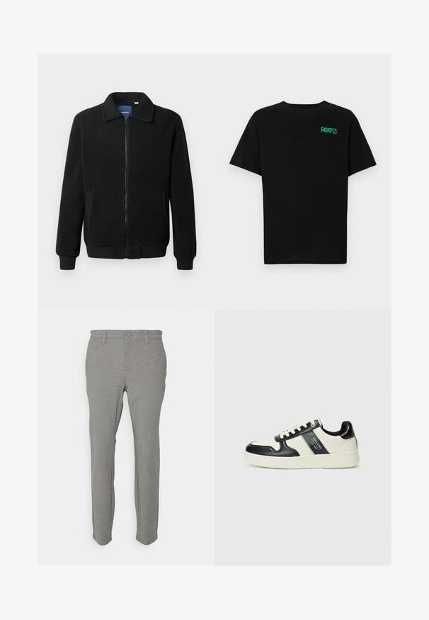 Crni flis jakna s zatvaranjem na zip, stojećim ovratnikom, rebrastim manžetama i bočnim džepovima s teksturiranom površinom.; Crna majica kratkih rukava od pamuka. Na prednjem dijelu se nalazi zeleni "ROOTS" logo, okrugli izrez i standardni kroj.; Svijetlosivi hlače izrađene od mekog materijala, sa ravnim krojem, petljama za remen i jednim dugmetom za zatvaranje. Glatka tekstura, minimalistički dizajn.; Kožne tenisice s crno-bijelom paletom boja, koje imaju perforirane akcentne detalje, podstavljeni ovratnik i teksturiranu potplat.