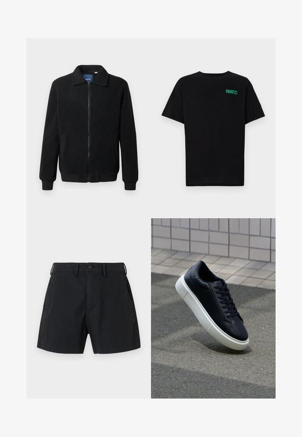 Black fleece jacket featuring a zip closure, stand collar, ribbed cuffs, and side pockets with a textured surface.; Black t-shirt made of cotton with short sleeves. Features a green "ROOTS" logo on the front, round neckline, and standard fit.; Black cotton shorts featuring a buttoned waistband, side pockets, and a straight cut design. Smooth texture with a minimal aesthetic.; Black leather sneaker with rounded toe and white rubber sole. Features flat laces and minimal stitching on the upper. Textured sole for grip.