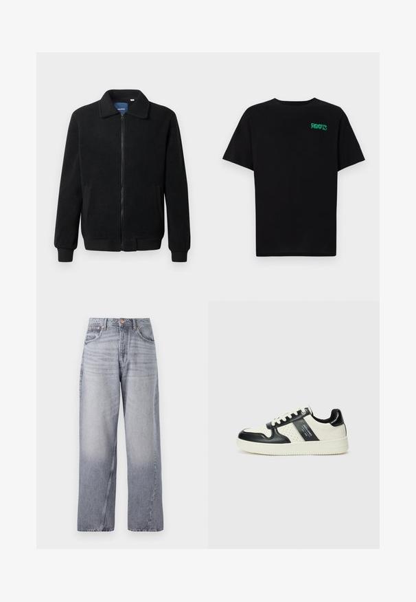 Črna flis jakna z zadrgo, stoječim ovratnikom, rebrastimi zapestji in stranskimi žepi s teksturirano površino.; Črna majica iz bombaža z kratkimi rokavi. Na sprednji strani ima zeleno logotip "ROOTS", okroglo ovratnico in standardno prileganje.; Svetlo modri, široki denim hlače z izblajanim zaključkom, pet žepov in vidno šivanje. Imajo bakreno gumb in zadrgo.; Usnjeni športni čevlji z črno in krem barvno shemo, ki vključujejo perforirane dodatke, podložen ovratnik in strukturirano podplat.