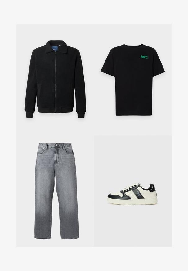Černá fleecová bunda s zipovým uzávěrem, stojáčkem, vroubkovanými manžetami a bočními kapsami s texturovaným povrchem.; Černé tričko vyrobené z bavlny s krátkým rukávem. Na přední straně se nachází zelené logo "ROOTS", kulatý výstřih a standardní střih.; Šedé džíny s širokými nohavicemi a vysokým pasem, pěti kapsami a kovovým zapínáním. Tkanina vykazuje mírné vyblednutí u lemu.; Kožené tenisky s černobílou barevnou kombinací, které mají perforované detaily, polstrovaný límec a texturovanou podrážku.