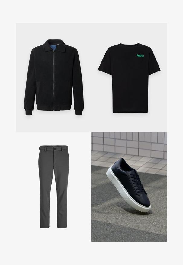 Black fleece jacket featuring a zip closure, stand collar, ribbed cuffs, and side pockets with a textured surface.; Black t-shirt made of cotton with short sleeves. Features a green "ROOTS" logo on the front, round neckline, and standard fit.; Gray tailored trousers made of smooth fabric, featuring a button closure and belt loops, with a straight cut and no noticeable patterns.; Black leather sneaker with rounded toe and white rubber sole. Features flat laces and minimal stitching on the upper. Textured sole for grip.