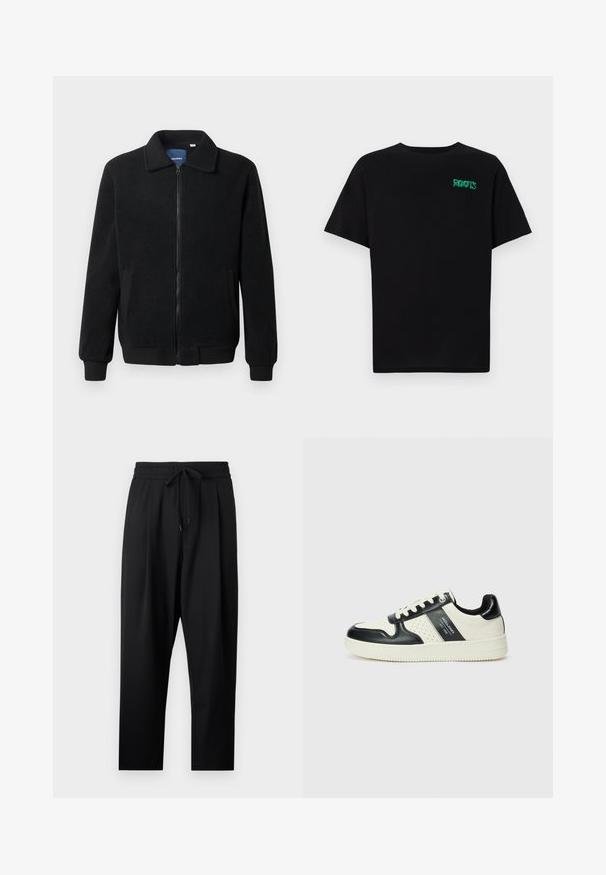 Veste en polaire noire avec fermeture éclair, col montant, poignets côtelés et poches latérales avec une surface texturée.; T-shirt noir en coton à manches courtes. Présente un logo "ROOTS" vert sur le devant, un col rond et une coupe standard.; Pantalons noirs légers avec une coupe décontractée. Dotés d'une taille élastique avec cordon de serrage ajustable et de poches latérales. Texture lisse.; Baskets en cuir avec un schéma de couleurs noir et crème, dotées d'accents perforés, d'un col rembourré et d'une semelle texturée.