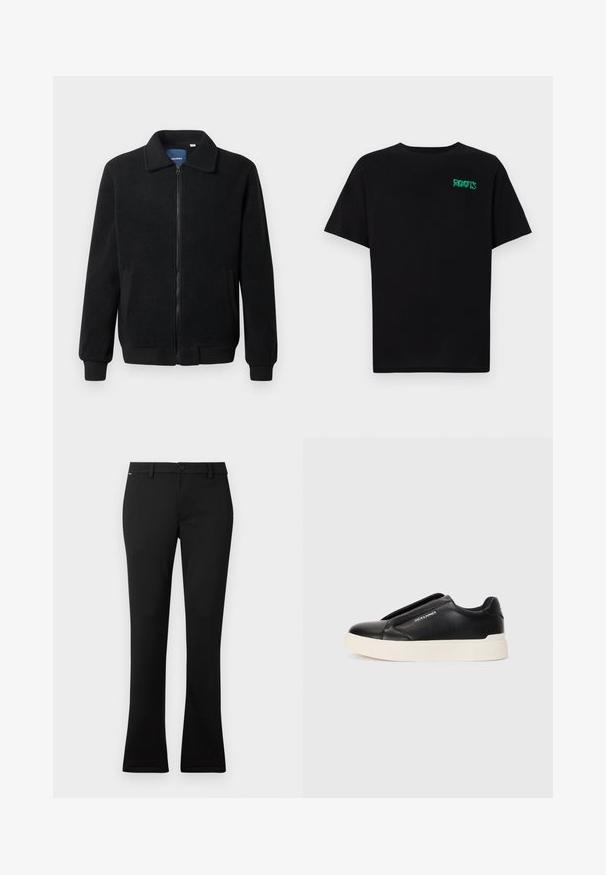 Fekete bolyhos dzseki cipzárral, állógallérral, bordázott mandzsettákkal és oldalzsebekkel, textúrált felülettel.; Fekete, pamutból készült póló rövid ujjakkal. Elöl zöld "ROOTS" logóval, kerek nyakkivágással és normál szabással.; Fekete nadrág sima anyagból, egyenes szabással, enyhe harangszárral az alján, elülső gombos záródással és övbújtatókkal.; Fekete slip-on sneaker, textúrált bőrfelsővel, fehér gumitalppal és láthatatlan fűzőkkel. Az oldalon a márka logója található.