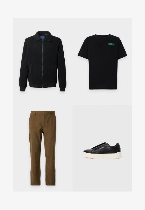 Giacca in pile nera con chiusura zip, colletto alto, polsini a coste e tasche laterali con superficie strutturata.; T-shirt nera in cotone con maniche corte. Presenta un logo verde "ROOTS" sulla parte frontale, colletto rotondo e vestibilità standard.; Pantaloni in velluto a coste marroni con taglio dritto, caratterizzati da righe verticali, chiusura con bottoni e tasche laterali per maggiore utilità.; Sneaker nera slip-on con parte superiore in pelle texturizzata, suola in gomma bianca e senza lacci visibili. Presenta il logo del marchio sul lato.