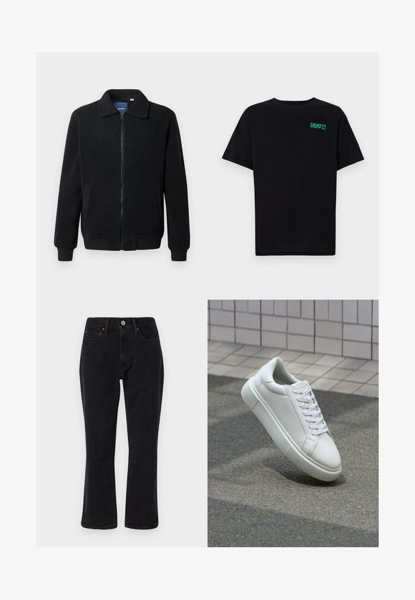 Casaco de polar preto com fecho de correr, gola alta, punhos canelados e bolsos laterais com uma superfície texturizada.; T-shirt preta feita de algodão com mangas curtas. Apresenta um logótipo verde "ROOTS" na frente, gola redonda e corte standard.; Jeans de denim preto com um design de perna reta, estilo de cinco bolsos e ferragens metálicas com detalhes em cobre. Textura suave e altura média.; Tênis de couro branco com superfície lisa, bico redondo e cadarços brancos planos. Apresenta uma sola de borracha texturizada e elementos de design minimalistas.