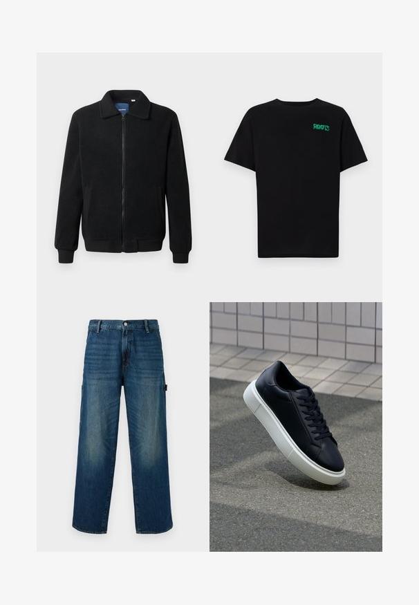 Veste en polaire noire avec fermeture éclair, col montant, poignets côtelés et poches latérales avec une surface texturée.; T-shirt noir en coton à manches courtes. Présente un logo "ROOTS" vert sur le devant, un col rond et une coupe standard.; Pantalon en denim bleu à jambe large avec des accents délavés, doté d'une fermeture bouton et zip traditionnelle, et d'une poche latérale à gauche.; Baskets noires en cuir avec bout arrondi et semelle en caoutchouc blanc. Elles présentent des lacets plats et une couture minimale sur la tige. Semelle texturée pour une bonne adhérence.