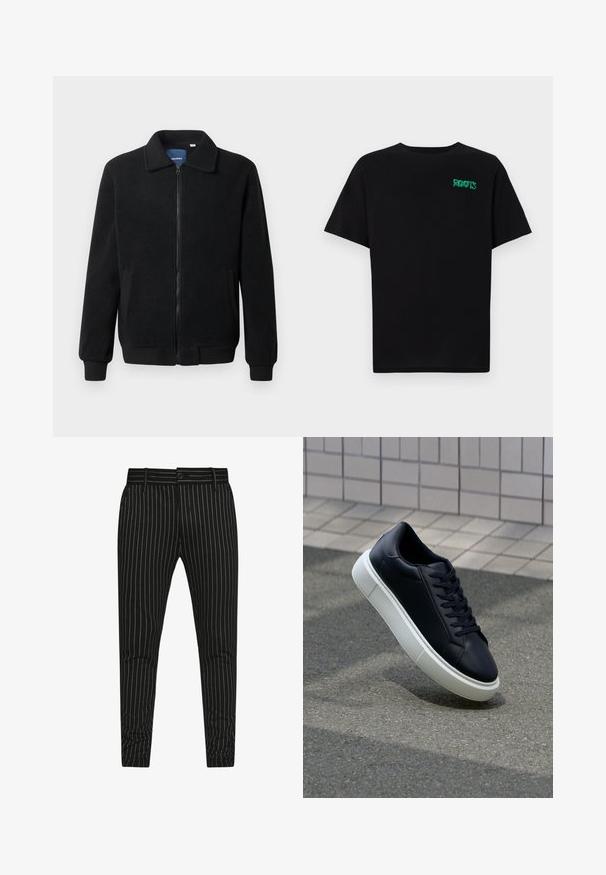 Black fleece jacket featuring a zip closure, stand collar, ribbed cuffs, and side pockets with a textured surface.; Black t-shirt made of cotton with short sleeves. Features a green "ROOTS" logo on the front, round neckline, and standard fit.; Black striped trousers featuring vertical white pinstripes, a slim fit design, and a button closure with belt loops for adjustable sizing.; Black leather sneaker with rounded toe and white rubber sole. Features flat laces and minimal stitching on the upper. Textured sole for grip.