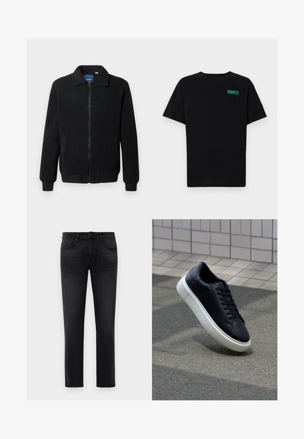 Čierna flísová bunda s uzáverom na zips, stojatým golierom, rebrovanými manžetami a bočnými vreckami s textúrovaným povrchom.; Čierne tričko s krátkymi rukávmi vyrobené z bavlny. Na prednej strane má zelené logo "ROOTS", okrúhly výstrih a štandardný strih.; Čierne slim-fit džínsy s piatimi vreckami, pútkami na opasok a gombíkovým zapínaním, položené na bielom pozadí.; Čierne kožené tenisky s okrúhlou špičkou a bielou gumovou podrážkou. Majú ploché šnúrky a minimálne šitie na vrchu. Textúrovaná podrážka pre lepšiu priľnavosť.