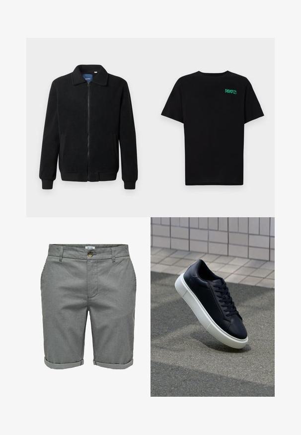 Chaqueta de forro polar negra con cierre de cremallera, cuello alzado, puños acanalados y bolsillos laterales con una superficie texturizada.; Camiseta negra de algodón con mangas cortas. Presenta un logo verde "ROOTS" en el frente, escote redondo y corte estándar.; Pantalones cortos grises hechos de una tela texturizada, con cierre de botón, bolsillos laterales y dobladillos enrollados para un aspecto clásico.; Zapatilla de cuero negro con punta redonda y suela de goma blanca. Presenta cordones planos y un mínimo de costuras en la parte superior. Suela texturizada para proporcionar agarre.