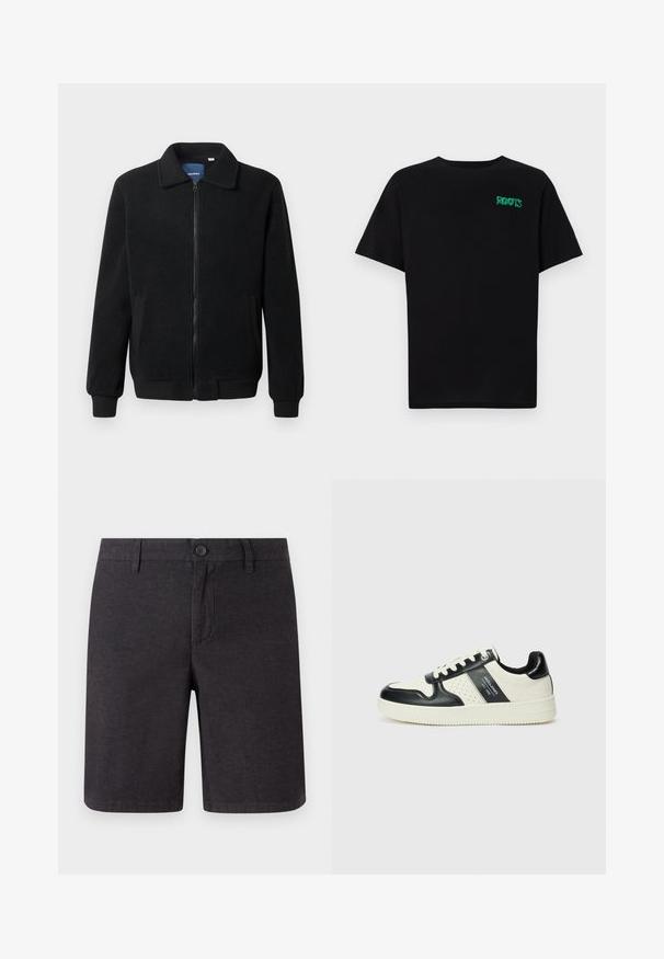 Jachetă din fleece neagră, cu închidere prin fermoar, guler înalt, manșete ribbate și buzunare laterale cu o suprafață texturată.; Tricou negru din bumbac, cu mâneci scurte. Prezintă un logo verde "ROOTS" pe față, guler rotund și o potrivire standard.; Pantaloni scurți gri închis, din material țesut, cu închidere prin buton, bucle pentru curea și un design cu picioare drepte, cu margini finisate și buzunare laterale.; Tenisi din piele cu un scheme de culori negru și crem, dotati cu accente perforate, guler căptușit și o talpă texturată.