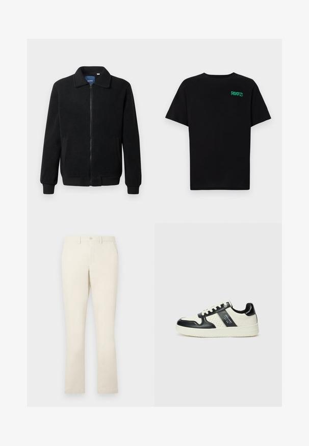 Svart fleece jakke med glidelås, høy krage, ribbestrikkede mansjetter og sidelommer med strukturert overflate.; svart t-skjorte laget av bomull med korte ermer. Har et grønt "ROOTS"-logo på forsiden, rund halsutringning og standard passform.; Beige bomullschinos med rett ben-design, med knappelukking og to sidelommer. Jevn tekstur med en ren finish.; Lædersneakers med sort og creme farveskema, der har perforerede detaljer, en polstret krave og en struktureret ydersål.