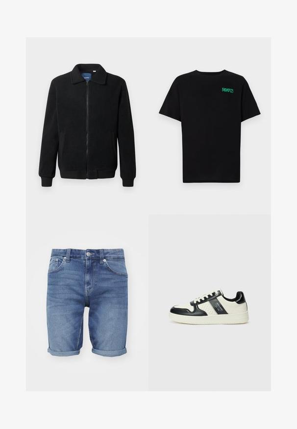 Čierna flísová bunda s uzáverom na zips, stojatým golierom, rebrovanými manžetami a bočnými vreckami s textúrovaným povrchom.; Čierne tričko s krátkymi rukávmi vyrobené z bavlny. Na prednej strane má zelené logo "ROOTS", okrúhly výstrih a štandardný strih.; Džínsy šortky v svetlom modrom odtieni. Majú klasický dizajn s piatimi vreckami, preložené lemy a kovové gombíkové zapínanie v páse.; Kožené tenisky v čierno-krémovej farbe, s perforovanými akcentmi, polstrovaným golierom a štruktúrovanou podrážkou.