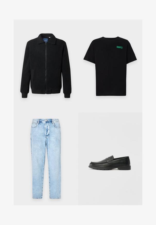 Čierna flísová bunda s uzáverom na zips, stojatým golierom, rebrovanými manžetami a bočnými vreckami s textúrovaným povrchom.; Čierne tričko s krátkymi rukávmi vyrobené z bavlny. Na prednej strane má zelené logo "ROOTS", okrúhly výstrih a štandardný strih.; Svetlomodré denimové džínsy so strihom rovného nohavice, s piatimi vreckami a zapínaním na gombík. Opotrebovaný vzhľad s vybledlými miestami.; Čierne kožené mokasíny s hladkým povrchom, vrchnou časťou v štýle mokasín, prešitým detailom a gumovou podrážkou. Klasický dizajn s nízkym podpätkom.