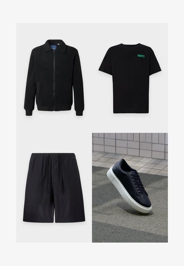 Schwarze Fleecejacke mit Reißverschluss, Stehkragen, gerippten Bündchen und seitlichen Taschen mit strukturiertem Oberflächenmaterial.; Schwarzes T-Shirt aus Baumwolle mit kurzen Ärmeln. Auf der Vorderseite befindet sich ein grünes "ROOTS"-Logo, es hat einen runden Halsauschnitt und eine normale Passform.; Schwarze Shorts mit elastischem Bund, ausgestattet mit einem Kordelzug, seitlichen Taschen und einem leichten Stoff für zusätzlichen Komfort. Nahtdetails sind sichtbar.; Schwarze Leder-Sneaker mit runder Zehenpartie und weißer Gummisohle. Verfügt über flache Schnürsenkel und minimale Nähte im Obermaterial. Strukturiertes Sohlenprofil für besseren Halt.