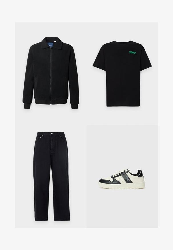 Juodas fliso džemperis su užtrauktuku, stovinčia apykakle, gumuotais rankogaliais ir šoninėmis kišenėmis, turinčiomis tekstūruotą paviršių.; Juodas medvilninis marškinėliai trumpomis rankovėmis. Priekyje yra žalias „ROOTS“ logotipas, apvalus iškirpimas ir standartinė prigludimo forma.; Juodos plačios kojų džinsai, pagaminti iš džinsinio audinio. Su priekiniais sagties užsegimais, dviem šoninėmis kišenėmis ir klasikinio 5 kišenių dizainu. Lygi tekstūra.; Odiniai sportbačiai juodos ir kreminės spalvų schemoje, su perforuotais akcentais, paminkštinta apykakle ir tekstūruotu padu.