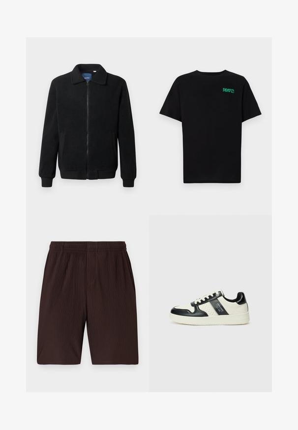 Schwarze Fleecejacke mit Reißverschluss, Stehkragen, gerippten Bündchen und seitlichen Taschen mit strukturiertem Oberflächenmaterial.; Schwarzes T-Shirt aus Baumwolle mit kurzen Ärmeln. Auf der Vorderseite befindet sich ein grünes "ROOTS"-Logo, es hat einen runden Halsauschnitt und eine normale Passform.; Braune, plissierte Shorts mit elastischem Bund und Taschen, aus leichtem Stoff gefertigt. Der Saum endet knapp über dem Knie.; Leder-Sneaker in Schwarz- und Cremetönen, mit perforierten Akzenten, einem gepolsterten Kragen und einer strukturierten Laufsohle.