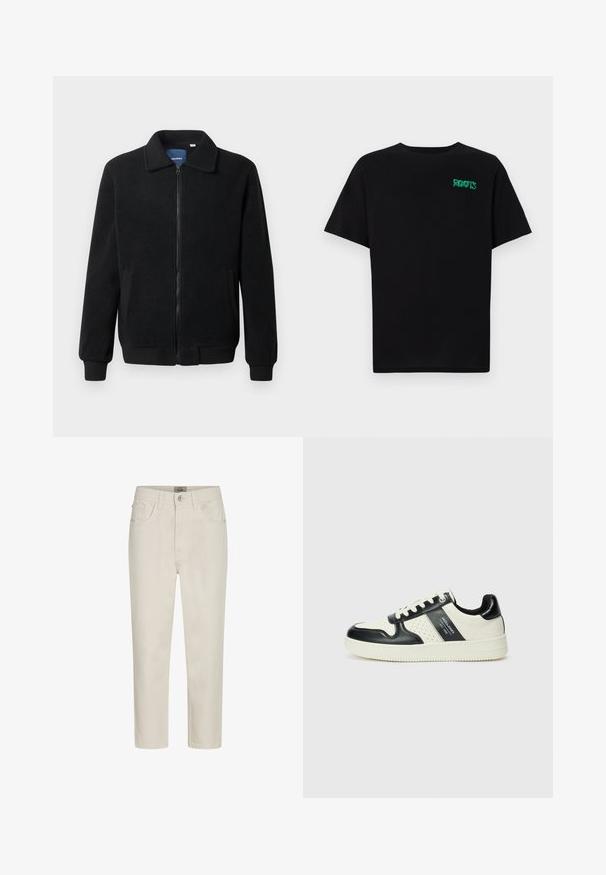 Fekete bolyhos dzseki cipzárral, állógallérral, bordázott mandzsettákkal és oldalzsebekkel, textúrált felülettel.; Fekete, pamutból készült póló rövid ujjakkal. Elöl zöld "ROOTS" logóval, kerek nyakkivágással és normál szabással.; Beige egyenes szárú farmer, elülső gombbal, övcsat lyukakkal és öt zsebbel, fehér háttéren kiállítva.; Fekete és krém színű bőrsneaker, perforált díszítésekkel, párnázott bokapánttal és texturált talppal.
