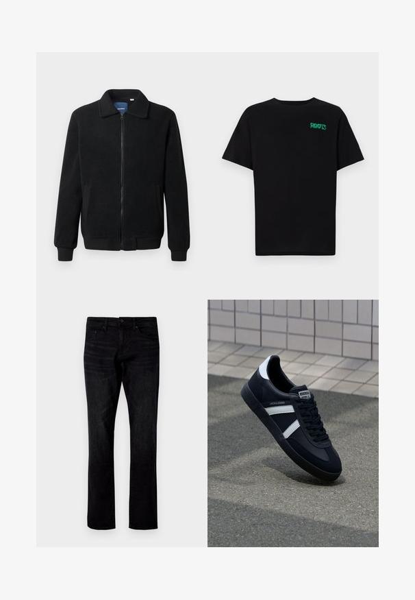 Musta fleece-takki, jossa on vetoketjulla suljettavat, pystykaulus, ribbireunat ja sivutaskut, joissa on teksturoitu pinta.; Mustat t-paidat, jotka on valmistettu puuvillasta ja joissa on lyhyet hihat. Edessä vihreä "ROOTS"-logo, pyöreä kaula-aukko ja normaali istuvuus.; Musta farkkuhousu, suoran lahkeen leikkaus, jossa on perinteinen viiden taskun muotoilu ja hillitty pesty tekstuuri.; Mustat nahkakengät valkoisilla raidoilla, teksturoitu kumipohja ja nauha edessä. Varustettu merkkitarralla kielen päällä.