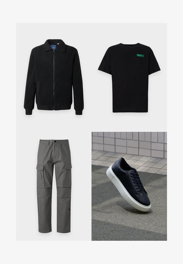 Schwarze Fleecejacke mit Reißverschluss, Stehkragen, gerippten Bündchen und seitlichen Taschen mit strukturiertem Oberflächenmaterial.; Schwarzes T-Shirt aus Baumwolle mit kurzen Ärmeln. Auf der Vorderseite befindet sich ein grünes "ROOTS"-Logo, es hat einen runden Halsauschnitt und eine normale Passform.; Graue Cargo-Hosen aus robustem Stoff, mit geradem Bein Design, mehreren seitlichen Taschen und sichtbaren Nähten.; Schwarze Leder-Sneaker mit runder Zehenpartie und weißer Gummisohle. Verfügt über flache Schnürsenkel und minimale Nähte im Obermaterial. Strukturiertes Sohlenprofil für besseren Halt.