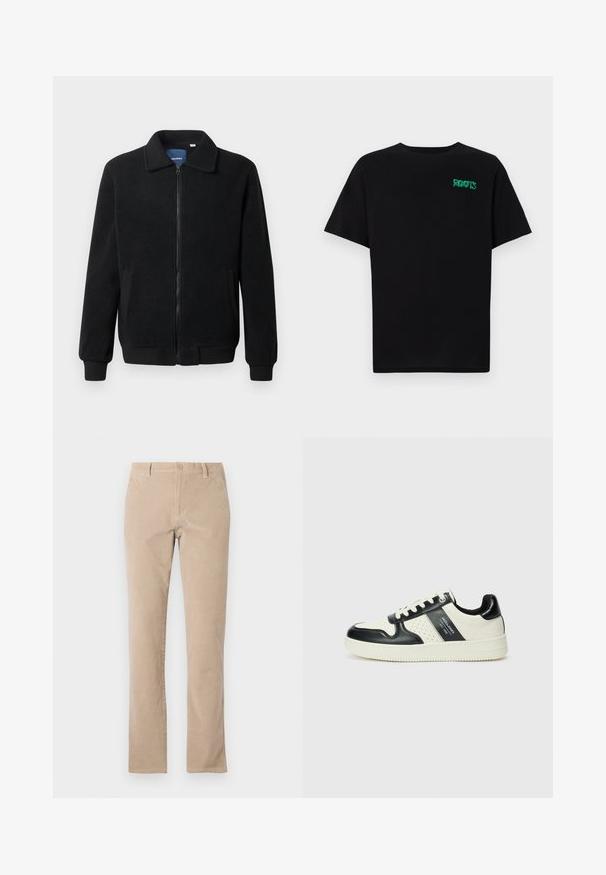 Jachetă din fleece neagră, cu închidere prin fermoar, guler înalt, manșete ribbate și buzunare laterale cu o suprafață texturată.; Tricou negru din bumbac, cu mâneci scurte. Prezintă un logo verde "ROOTS" pe față, guler rotund și o potrivire standard.; Pantaloni din catifea bej din bumbac cu un design drept, dotati cu închidere cu nasture, cinci buzunare și o textură netedă.; Tenisi din piele cu un scheme de culori negru și crem, dotati cu accente perforate, guler căptușit și o talpă texturată.