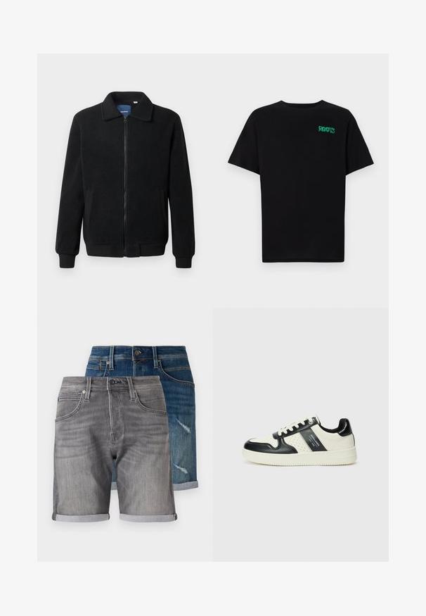 Casaco de polar preto com fecho de correr, gola alta, punhos canelados e bolsos laterais com uma superfície texturizada.; T-shirt preta feita de algodão com mangas curtas. Apresenta um logótipo verde "ROOTS" na frente, gola redonda e corte standard.; Calções de ganga em azul escuro e cinza. As características incluem bainhas dobradas, bolsos e uma textura desbotada na versão azul com detalhes desgastados.; Ténis de couro com um esquema de cores em preto e creme, apresentando detalhes perfurados, um colarinho acolchoado e uma sola texturizada.