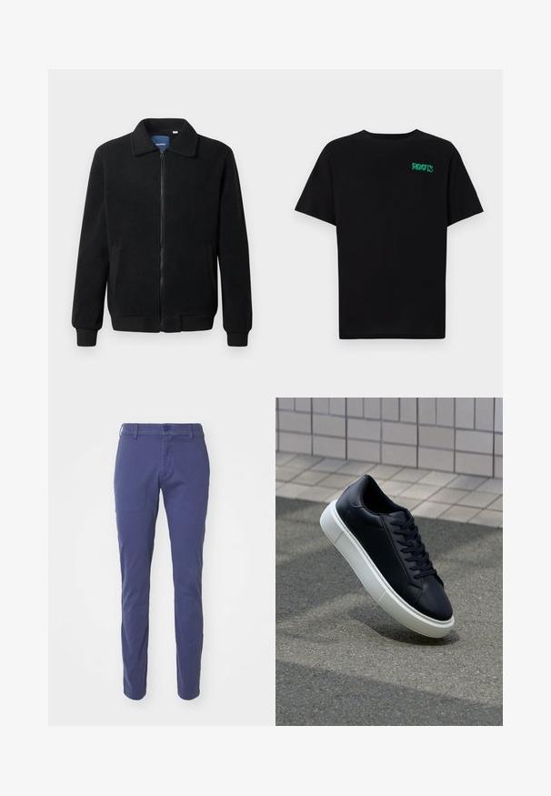 Veste en polaire noire avec fermeture éclair, col montant, poignets côtelés et poches latérales avec une surface texturée.; T-shirt noir en coton à manches courtes. Présente un logo "ROOTS" vert sur le devant, un col rond et une coupe standard.; Pantalon bleu marine au design slim fit, avec une fermeture à bouton, des passants de ceinture et une texture en coton lisse.; Baskets noires en cuir avec bout arrondi et semelle en caoutchouc blanc. Elles présentent des lacets plats et une couture minimale sur la tige. Semelle texturée pour une bonne adhérence.
