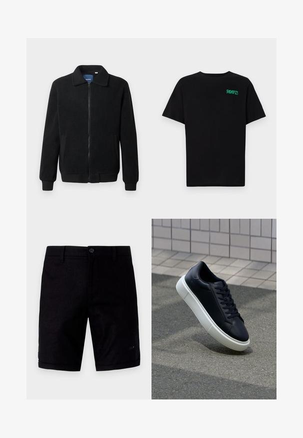 Black fleece jacket featuring a zip closure, stand collar, ribbed cuffs, and side pockets with a textured surface.; Black t-shirt made of cotton with short sleeves. Features a green "ROOTS" logo on the front, round neckline, and standard fit.; Black shorts with a smooth texture, featuring a button closure, traditional pockets, and rolled cuffs. Made from lightweight fabric.; Black leather sneaker with rounded toe and white rubber sole. Features flat laces and minimal stitching on the upper. Textured sole for grip.