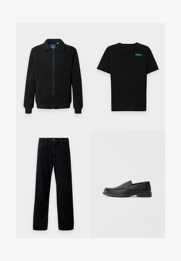 Črna flis jakna z zadrgo, stoječim ovratnikom, rebrastimi zapestji in stranskimi žepi s teksturirano površino.; Črna majica iz bombaža z kratkimi rokavi. Na sprednji strani ima zeleno logotip "ROOTS", okroglo ovratnico in standardno prileganje.; Hollister Co. Vrečaste kavbojke - washed black; Črne usnjene loafer čevlje z gladko površino, zgornjim delom v slogu mokasin, šivanimi detajli in gumijastim podplatom. Klasična zasnova z nizko peto.