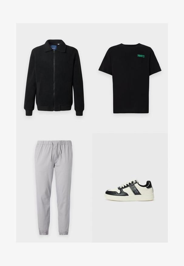 Svart fleecjacka med dragkedja, ståkrage, ribbade muddar och sidofickor med texturerad yta.; Svart t-shirt i bomull med korta ärmar. Har en grön "ROOTS" logotyp på framsidan, rund halsringning och standard passform.; Ljusgrå joggerbyxor i mjukt tyg, med resårmidja och dragsko, samt avsmalnande fållar med samlad finish.; Läder sneakers med en svart och krämfärgad färgsättning, med perforerade detaljer, en vadderad krage och en strukturerad yttersula.