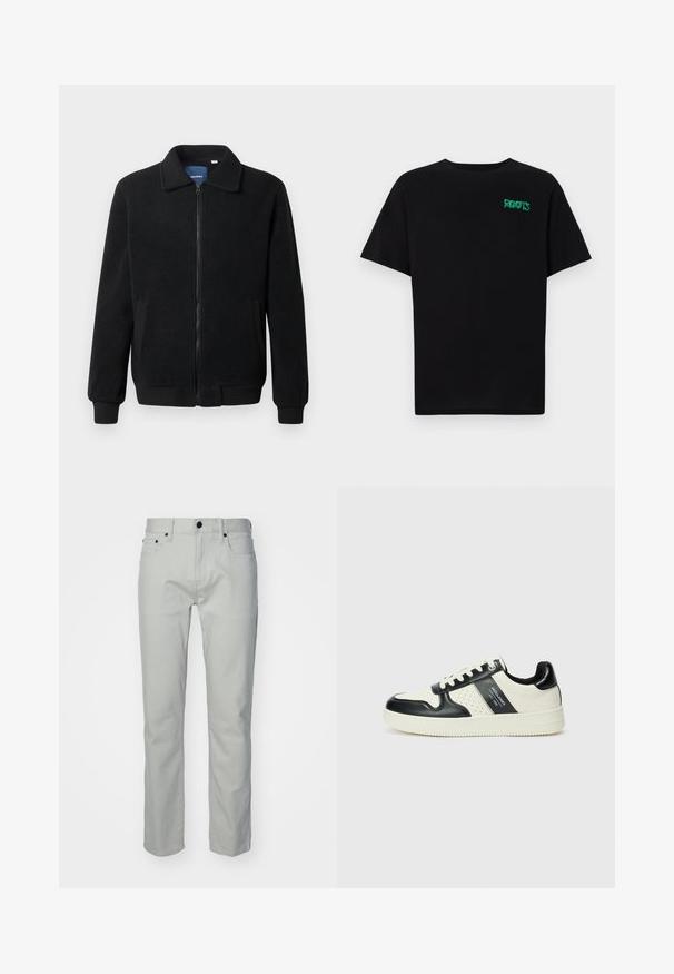 Črna flis jakna z zadrgo, stoječim ovratnikom, rebrastimi zapestji in stranskimi žepi s teksturirano površino.; Črna majica iz bombaža z kratkimi rokavi. Na sprednji strani ima zeleno logotip "ROOTS", okroglo ovratnico in standardno prileganje.; Svetlo sivi bombažni hlače z ravnim krojem, ki imajo sprednje žepke, zadrgo in kovinsko zaponko. Gladka tekstura, minimalističen dizajn.; Usnjeni športni čevlji z črno in krem barvno shemo, ki vključujejo perforirane dodatke, podložen ovratnik in strukturirano podplat.