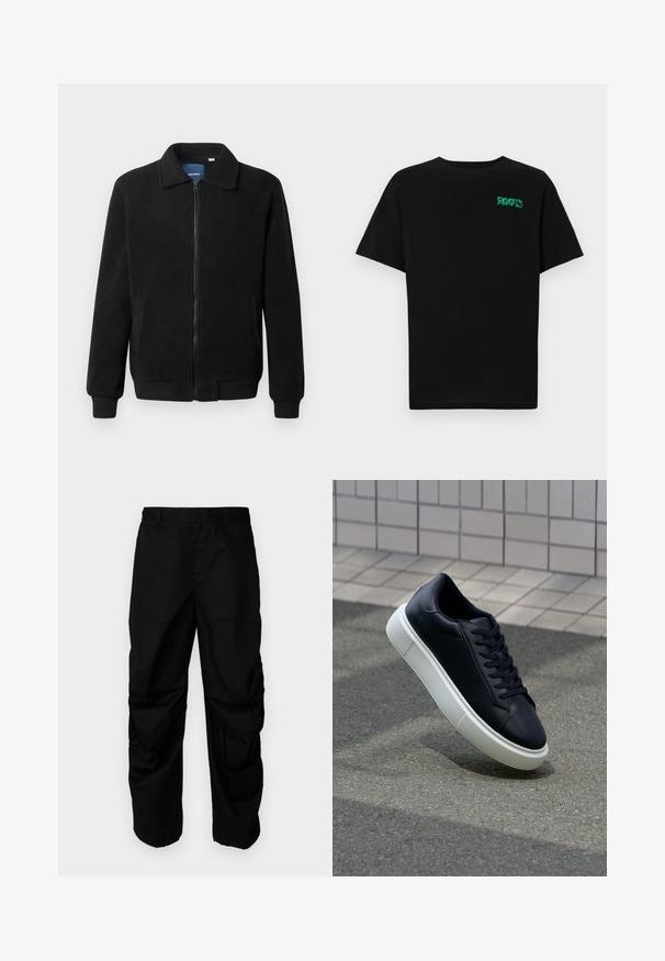 Black fleece jacket featuring a zip closure, stand collar, ribbed cuffs, and side pockets with a textured surface.; Black t-shirt made of cotton with short sleeves. Features a green "ROOTS" logo on the front, round neckline, and standard fit.; Diesel Trousers - black; Black leather sneaker with rounded toe and white rubber sole. Features flat laces and minimal stitching on the upper. Textured sole for grip.