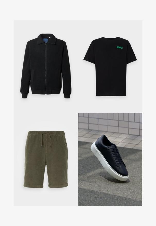 Musternahk fleece-jakk musternahaga, tõmblukk, seisev kaelus, soonikkoes varrukad ja küljetaskud tekstuurse pinnaga.; Must t-särk, mis on valmistatud puuvillast, lühikeste varrukatega. Esipaneelil on roheline "ROOTS" logo, ümmargune kaelus ja tavapärane lõige.; Oliivrohelised korduroypüksid elastse vöökauga, reguleeritava nööriga ja üles keeratud sääreotstega. Tekstuuriga kangas pehme viimistlusega.; Mustast nahast tennisetoss, millel on ümar nina ja valge kummist tall. Omab siredaid paelu ja minimaalset õmblemist ülemises osas. Tekstuuriga tald, mis tagab haakuvuse.