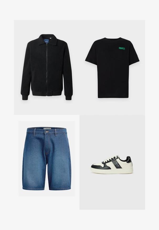 Schwarze Fleecejacke mit Reißverschluss, Stehkragen, gerippten Bündchen und seitlichen Taschen mit strukturiertem Oberflächenmaterial.; Schwarzes T-Shirt aus Baumwolle mit kurzen Ärmeln. Auf der Vorderseite befindet sich ein grünes "ROOTS"-Logo, es hat einen runden Halsauschnitt und eine normale Passform.; Jeansshorts mit einer dunkelblauen Waschung, klassischem Fünf-Taschen-Design, Reißverschluss mit Knopfverschluss und kontrastierenden Nähten.; Leder-Sneaker in Schwarz- und Cremetönen, mit perforierten Akzenten, einem gepolsterten Kragen und einer strukturierten Laufsohle.