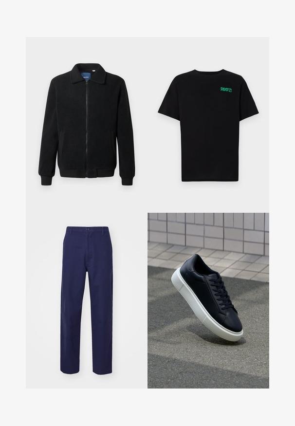 Black fleece jacket featuring a zip closure, stand collar, ribbed cuffs, and side pockets with a textured surface.; Black t-shirt made of cotton with short sleeves. Features a green "ROOTS" logo on the front, round neckline, and standard fit.; Navy blue cotton trousers with a straight-leg design, button closure, and no visible patterns. Smooth texture and standard waistband.; Black leather sneaker with rounded toe and white rubber sole. Features flat laces and minimal stitching on the upper. Textured sole for grip.